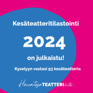 Kuvassa lukee Kesäteatteritilastointi 2024 on julkaistu! Kyselyyn vastasi 93 kesäteatteria. Kuvassa on myös Suomen Harrastajateatteriliiton logo.