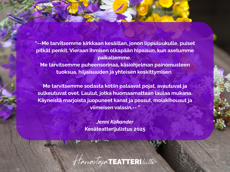 Kuvituskuva jossa ote kesäteatterijulistuksesta. taustalla kesäkukkia.