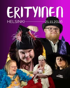 ERITYINEN-tapahtuman mainoskuva, jonka alareunassa on viisi näyttelijää erilaisissa rooliasuissa.